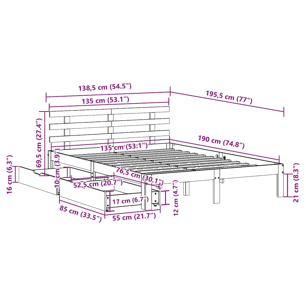 Cadre de lit avec tiroirs sans matelas blanc 135x190 cm - XIOS