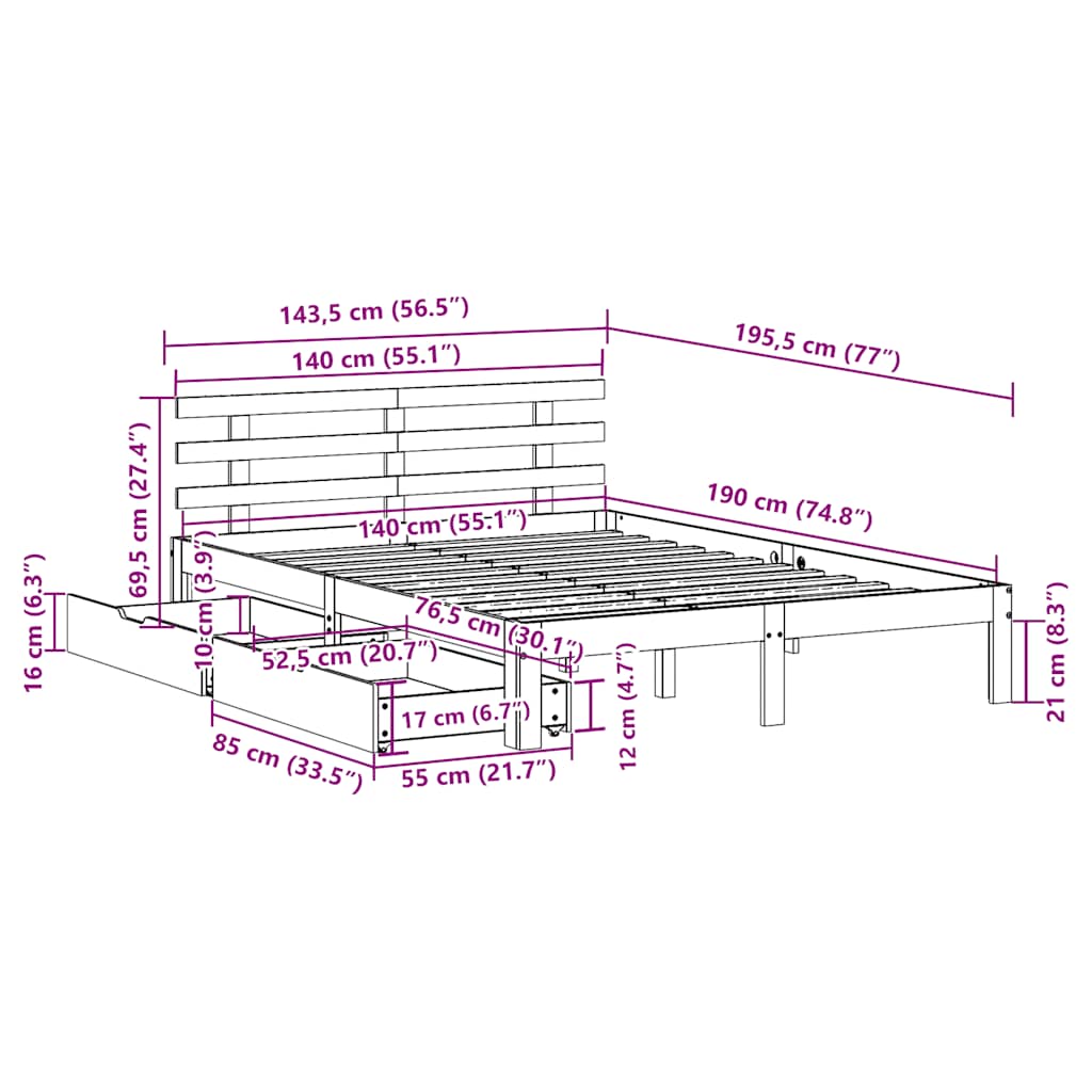 Cadre de lit avec tiroirs sans matelas 140x190 cm - XIOS