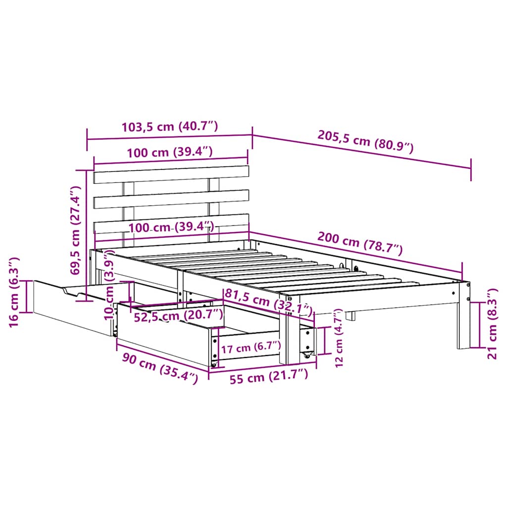 Cadre de lit avec tiroirs sans matelas cire marron 100x200 cm - XIOS