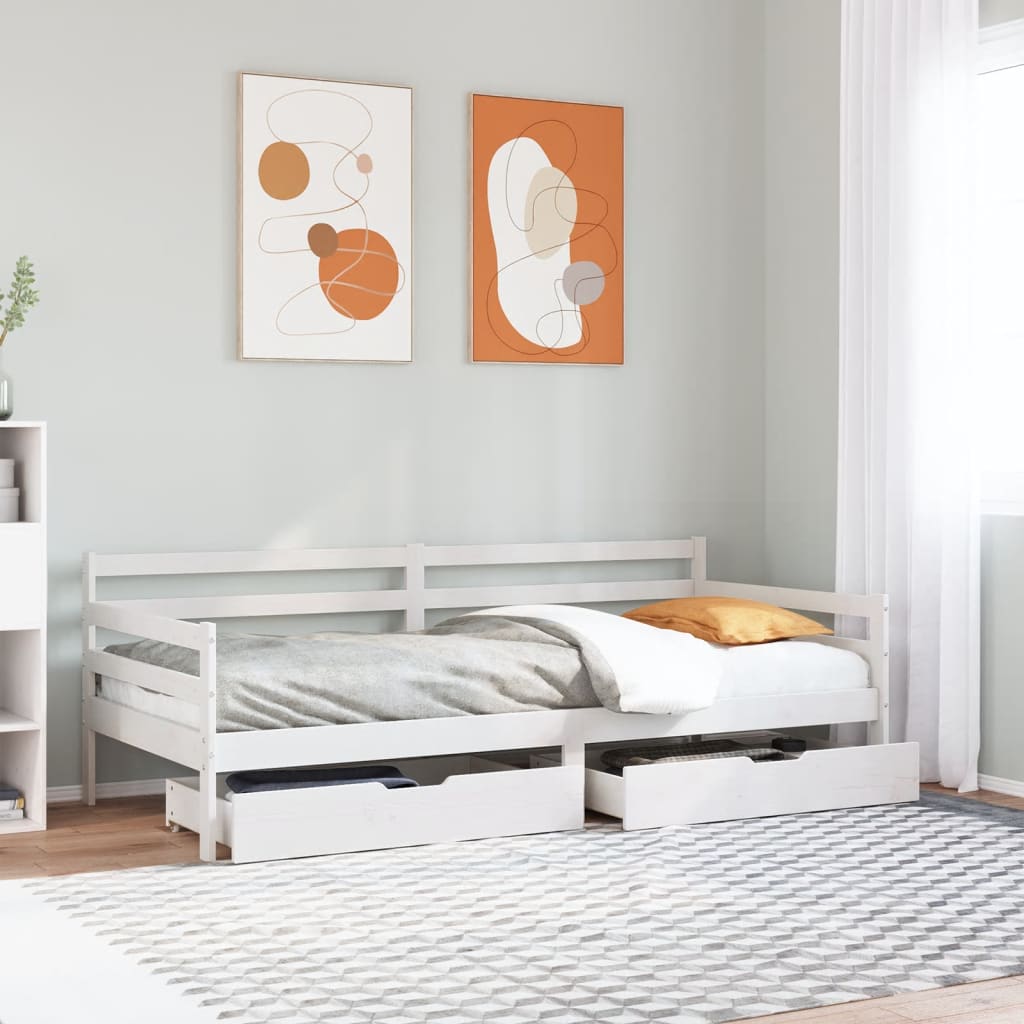 Lit de jour et tiroirs sans matelas blanc 90x190 cm bois massif - XIOS