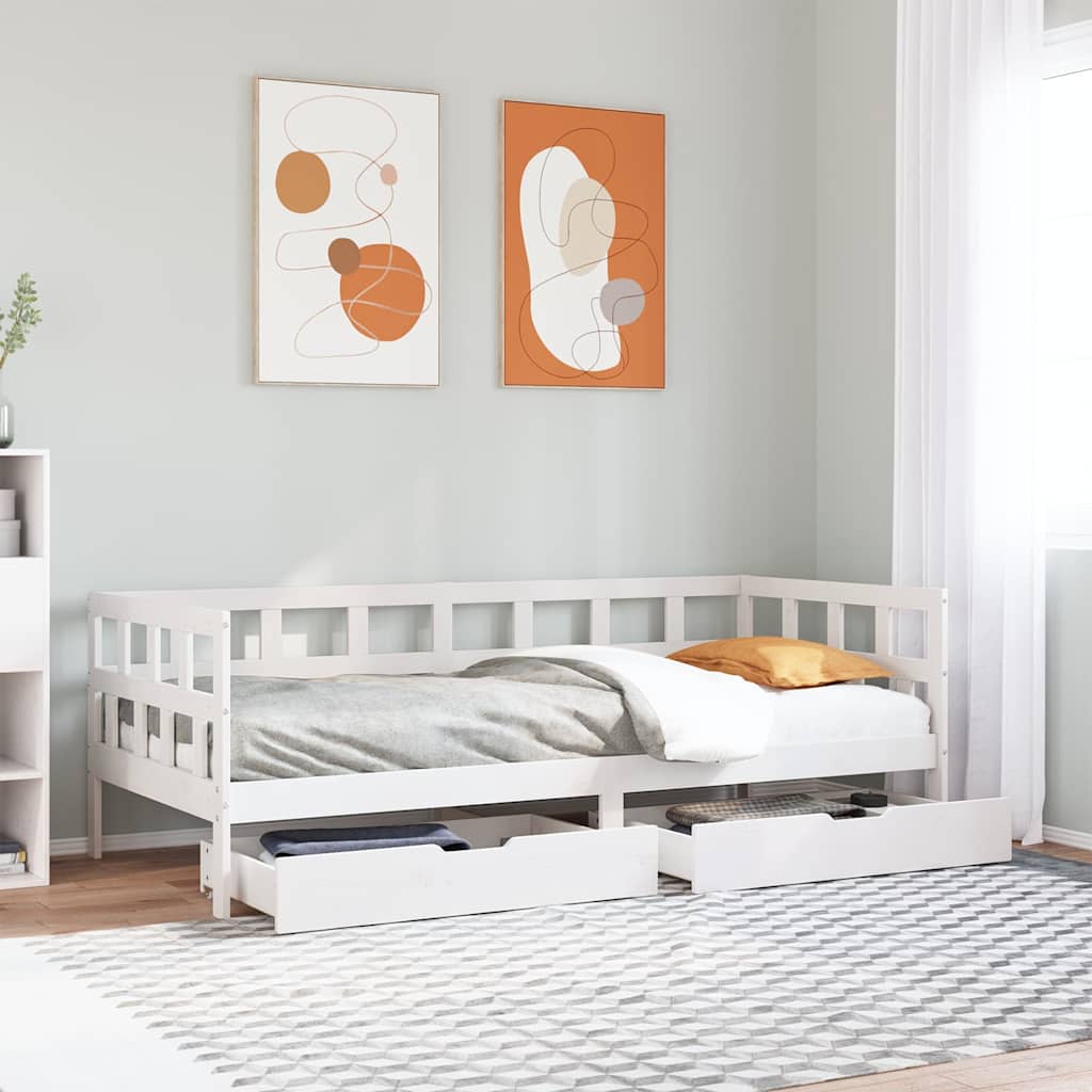 Lit de jour et tiroirs sans matelas blanc 90x200 cm bois massif - XIOS