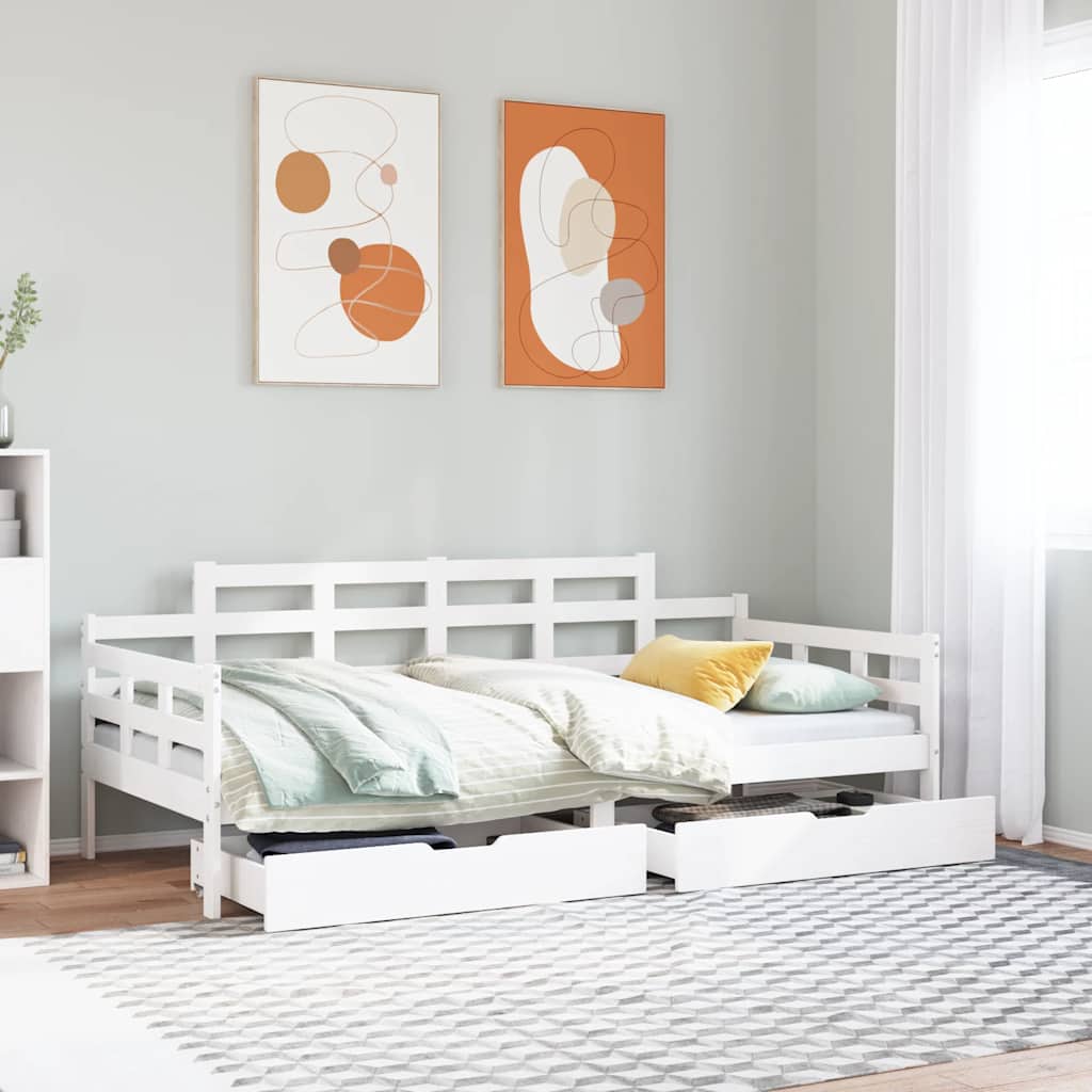 Lit de jour et tiroirs sans matelas blanc 90x200 cm bois massif - XIOS