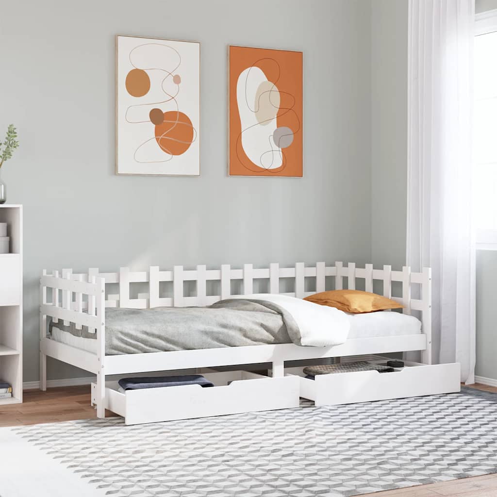 Lit de jour et tiroirs sans matelas blanc 90x200 cm bois massif - XIOS