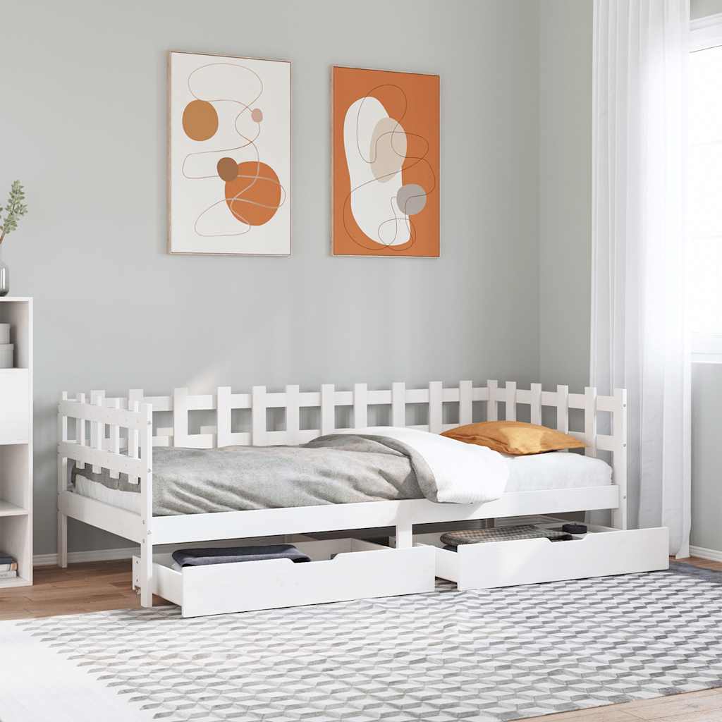 Lit de jour et tiroirs sans matelas blanc 90x190 cm bois massif - XIOS