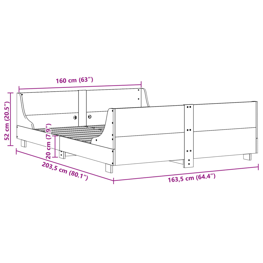 Cadre de lit sans matelas cire marron 160x200cm bois pin massif - XIOS