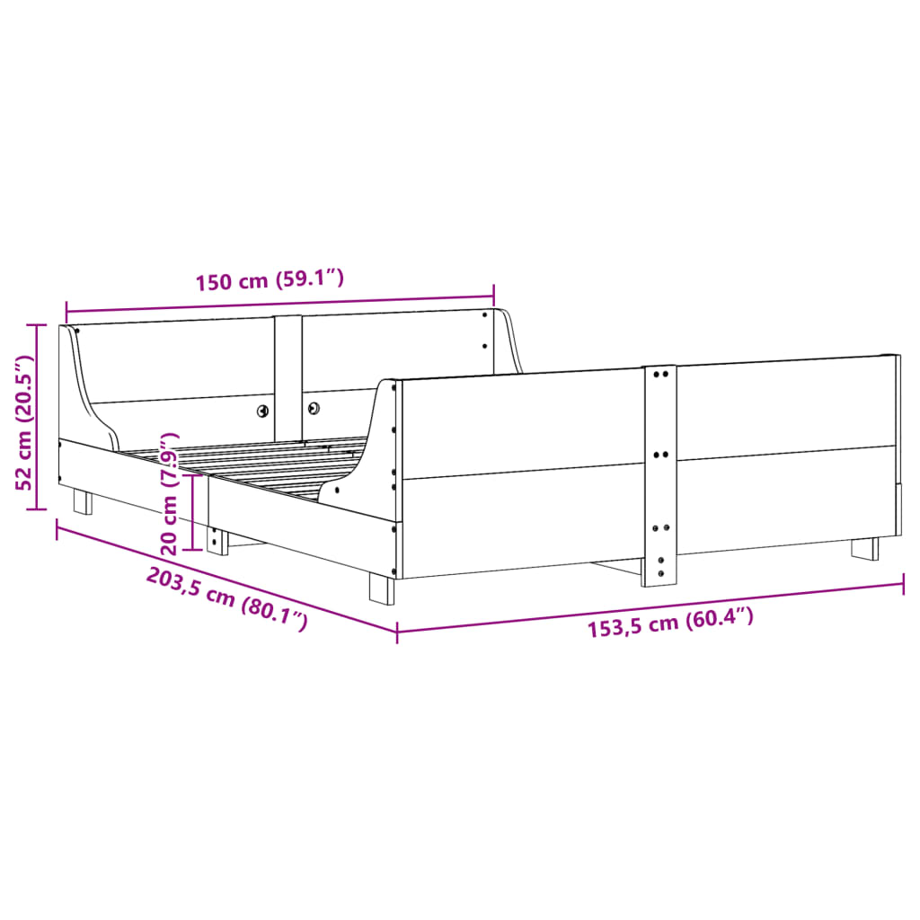 Cadre de lit sans matelas cire marron 150x200cm bois pin massif - XIOS