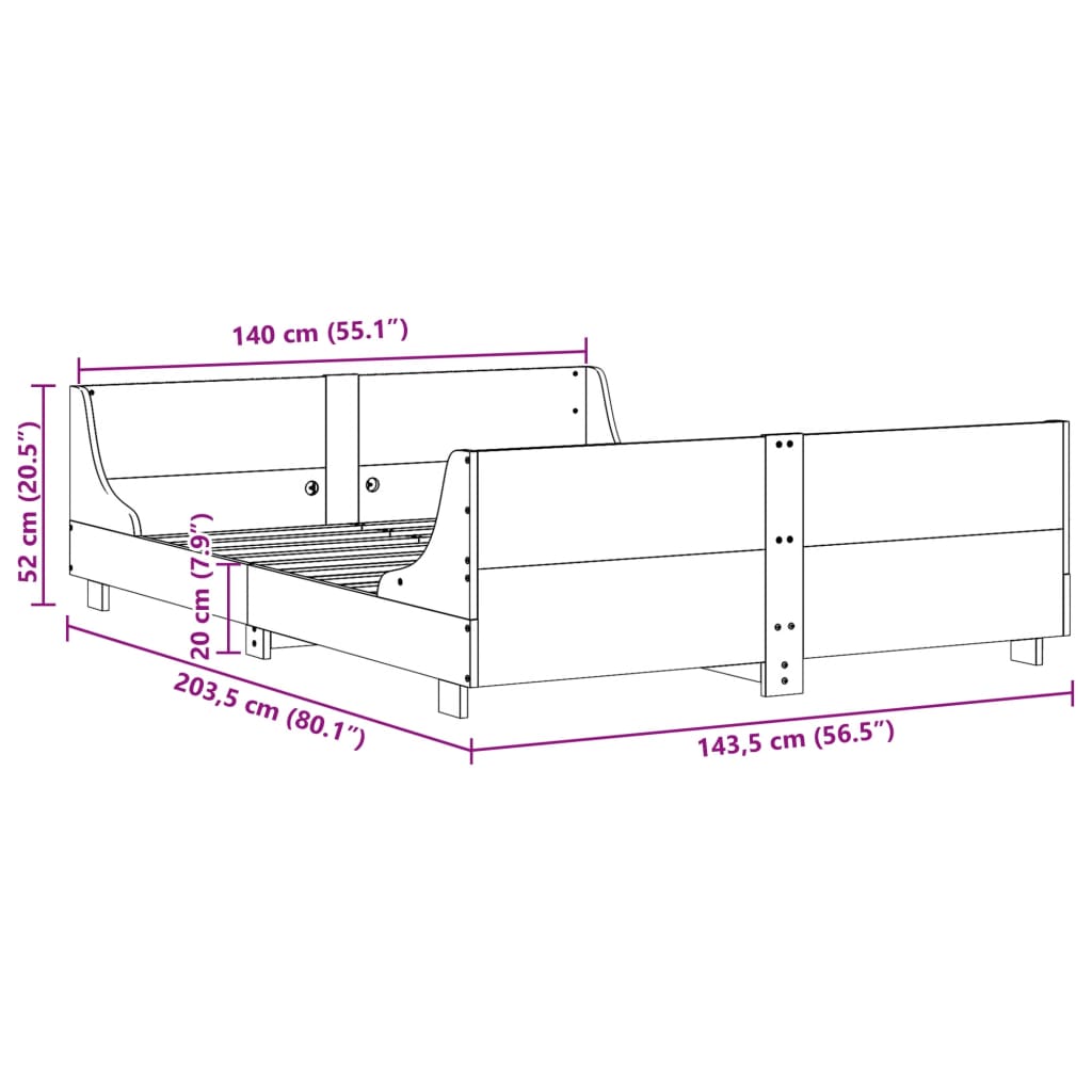 Cadre de lit sans matelas 140x200 cm bois massif de pin - XIOS
