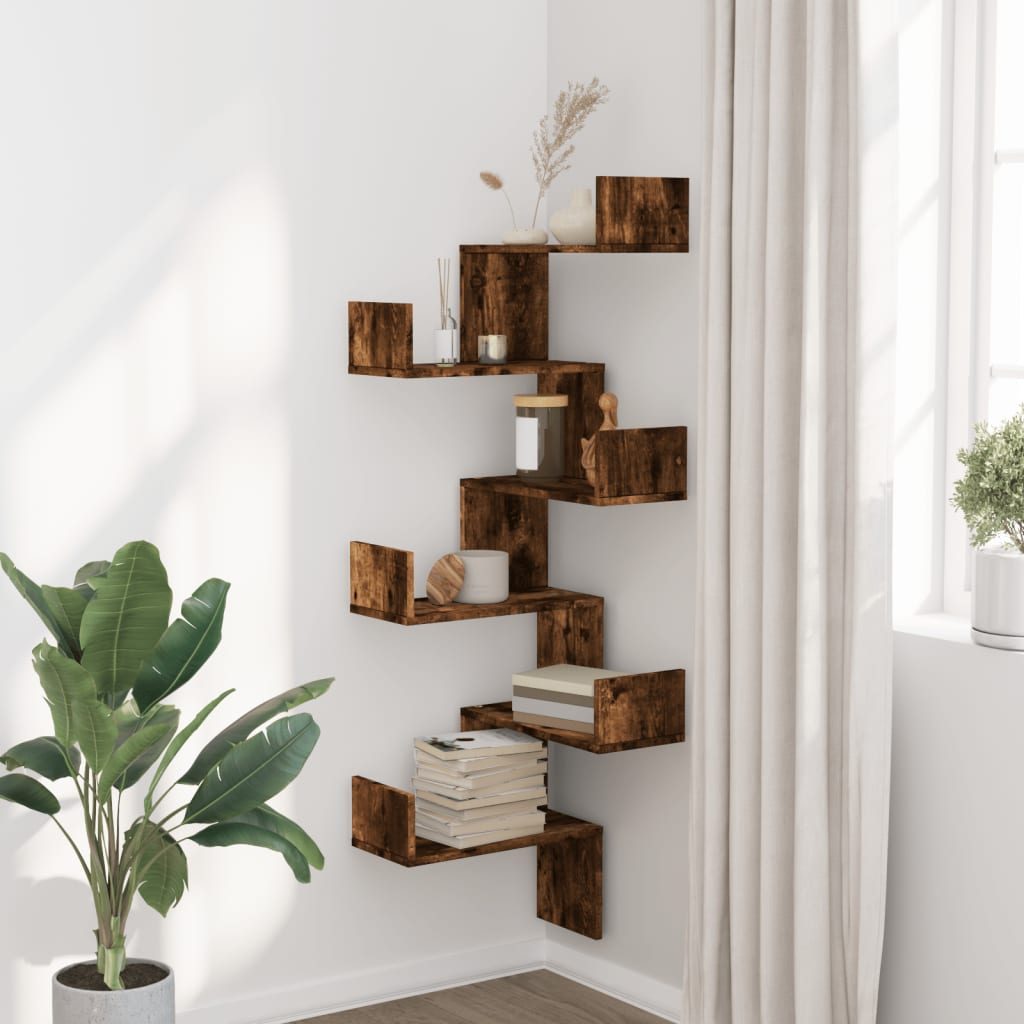 Étagère d'angle murale chêne fumé 45x45x147cm bois d'ingénierie - XIOS