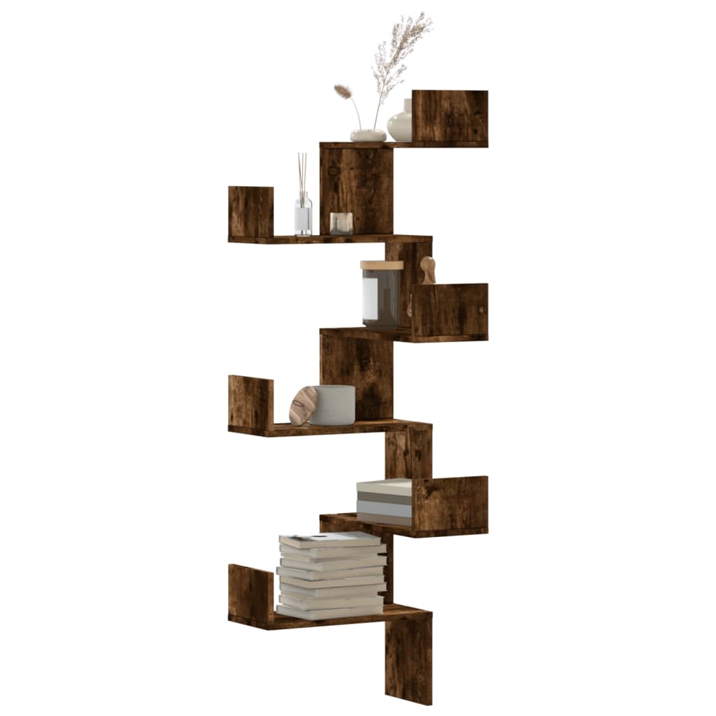 Étagère d'angle murale chêne fumé 45x45x147cm bois d'ingénierie - XIOS