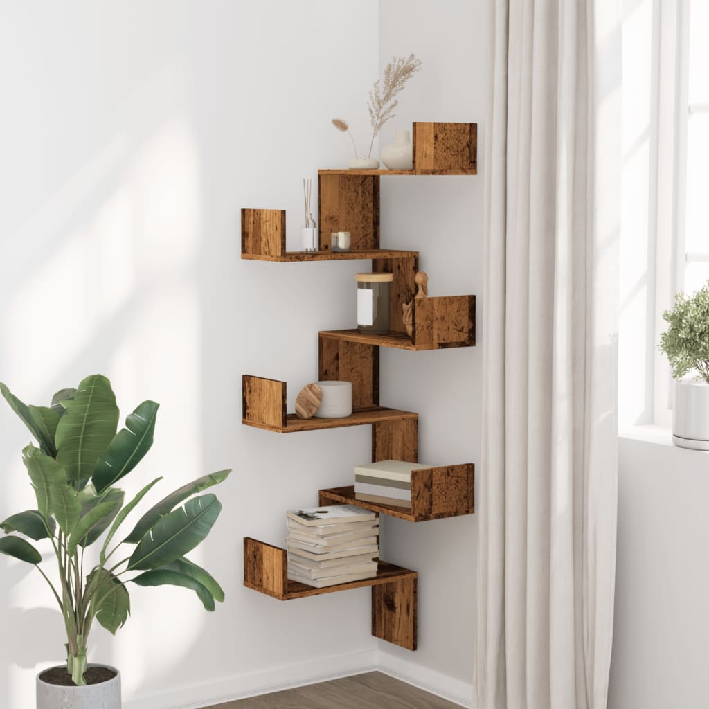 Étagère d'angle murale vieux bois 45x45x147cm bois d'ingénierie - XIOS