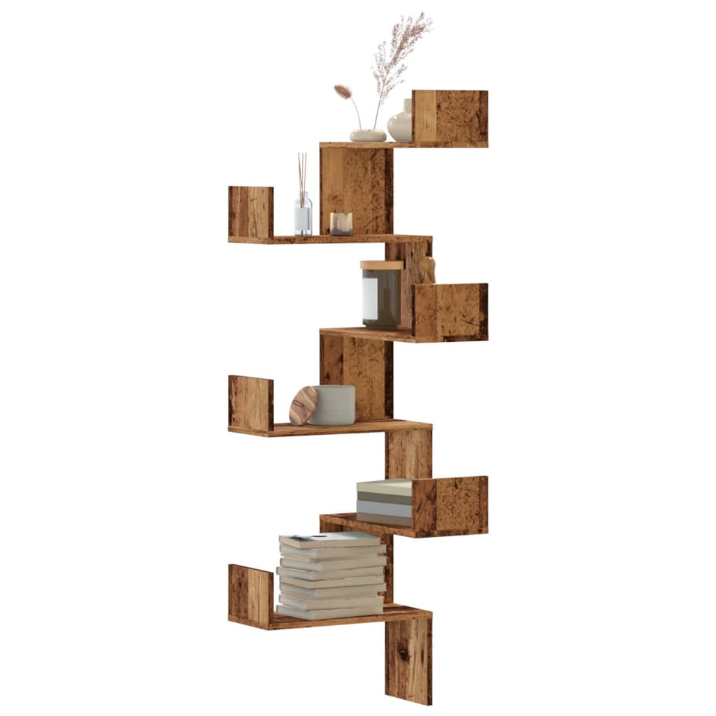 Étagère d'angle murale vieux bois 45x45x147cm bois d'ingénierie - XIOS