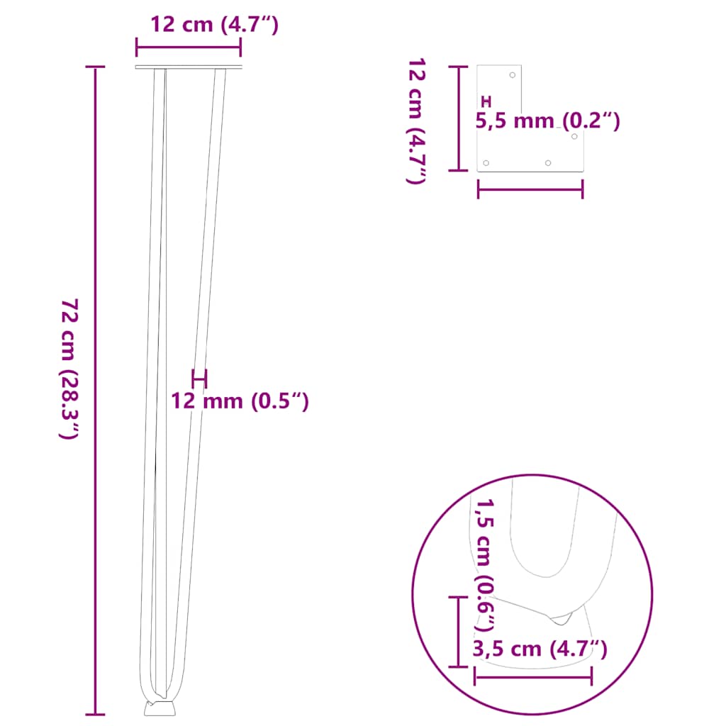 Pieds en épingle à cheveux pour consoles, lot de 4, blanc, 72 cm, acier massif