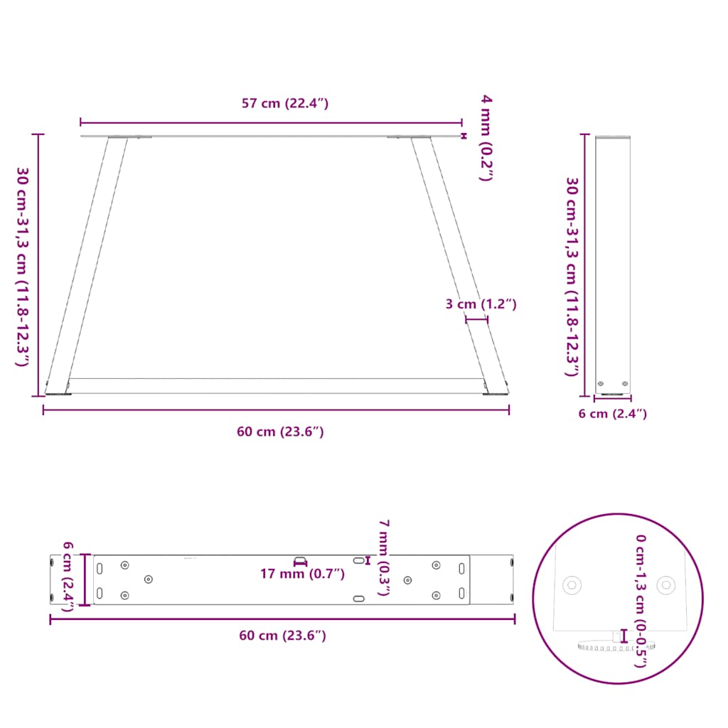 Pieds de table basse en forme de V, 2 pièces, noir, 60 x (30-31,3) cm, acier - XIOS