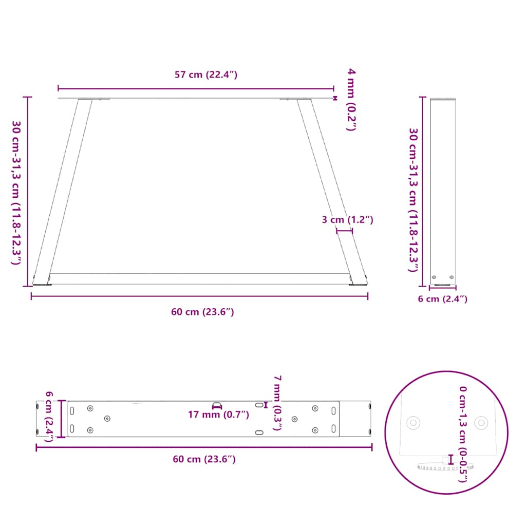 Pieds de table basse en forme de V, 2 pièces, acier naturel, 60 x (30-31,3) cm - XIOS