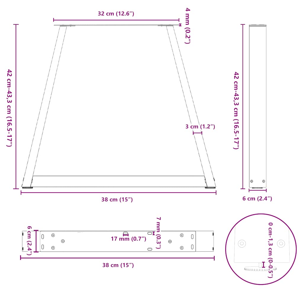 Pieds de table basse en forme de V, 2 pièces, acier naturel, 38 x (42-43,3) cm - XIOS
