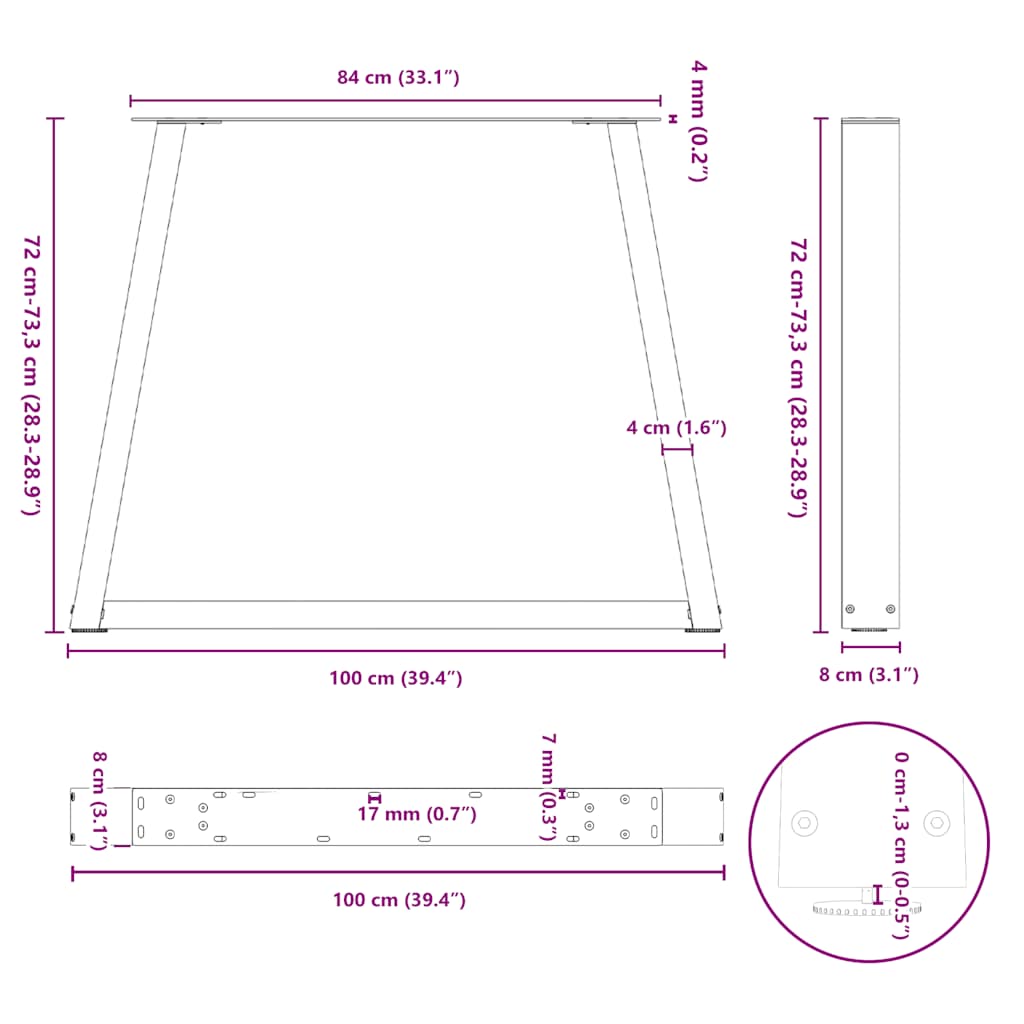 Pieds de table à manger en forme de V, 2 pièces, acier naturel, 100 x (72-73,3) cm - XIOS