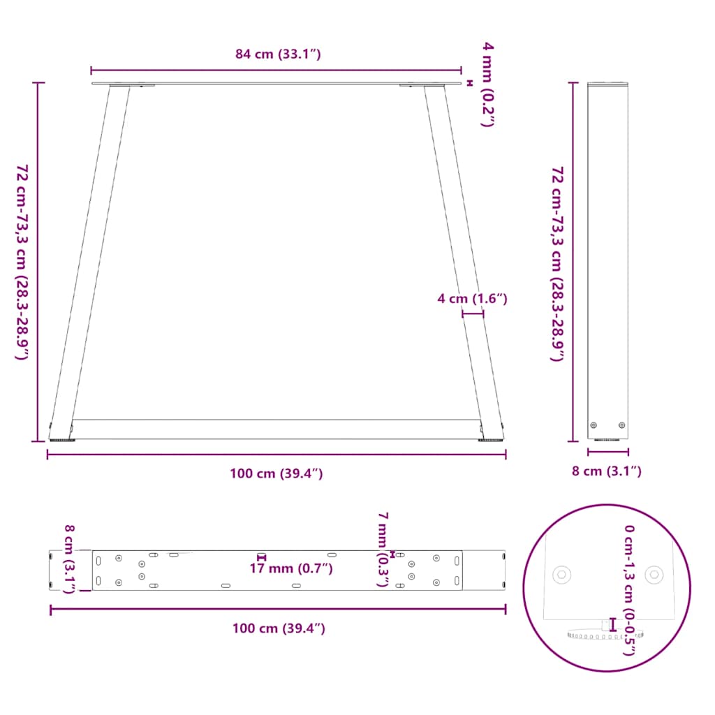 Pieds de table à manger en forme de V, 3 pièces, noir, 100 x (72-73,3) cm, acier - XIOS