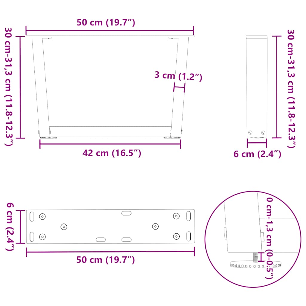 Pieds de table basse en forme de V, 2 pièces, noir, 50 x (30-31,3) cm, acier - XIOS