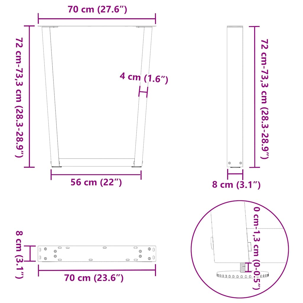Pieds de table à manger en forme de V, 2 pièces, acier naturel, 70 x (72-73,3) cm - XIOS