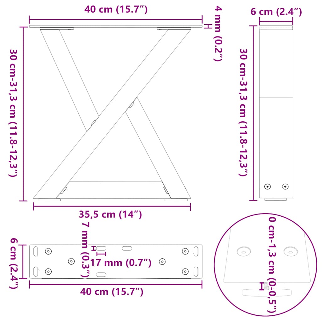 Pieds de table basse 2 pièces Noir 40 x (30-31,3) cm Acier