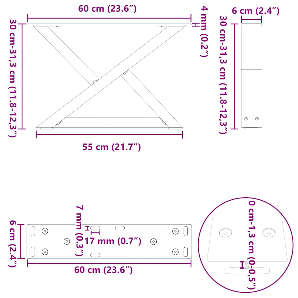 Pieds de table basse 2 pièces Acier naturel 60 x (30-31,3) cm Acier - XIOS