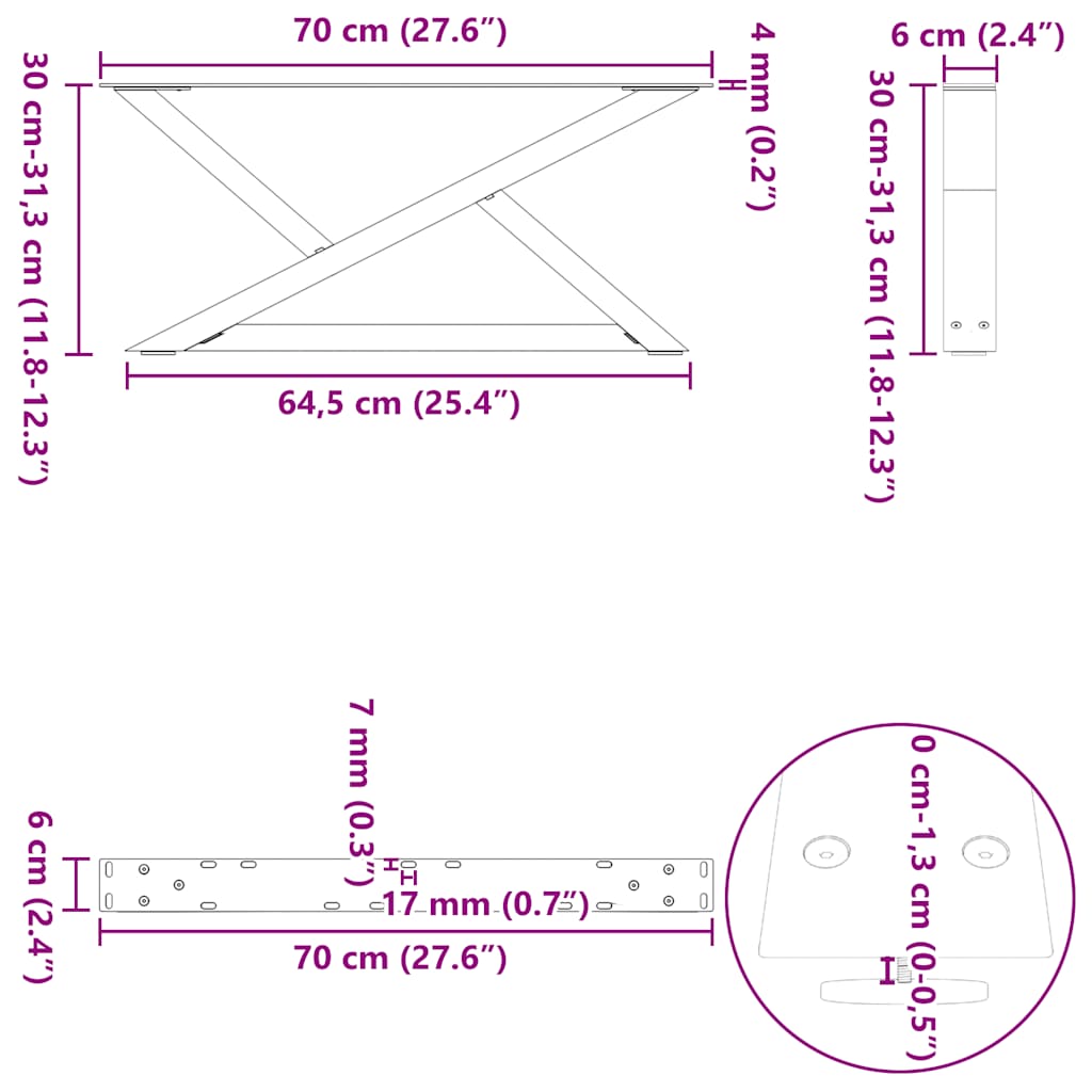 Pieds de table basse 2 pièces Acier naturel 70 x (30-31,3) cm Acier - XIOS