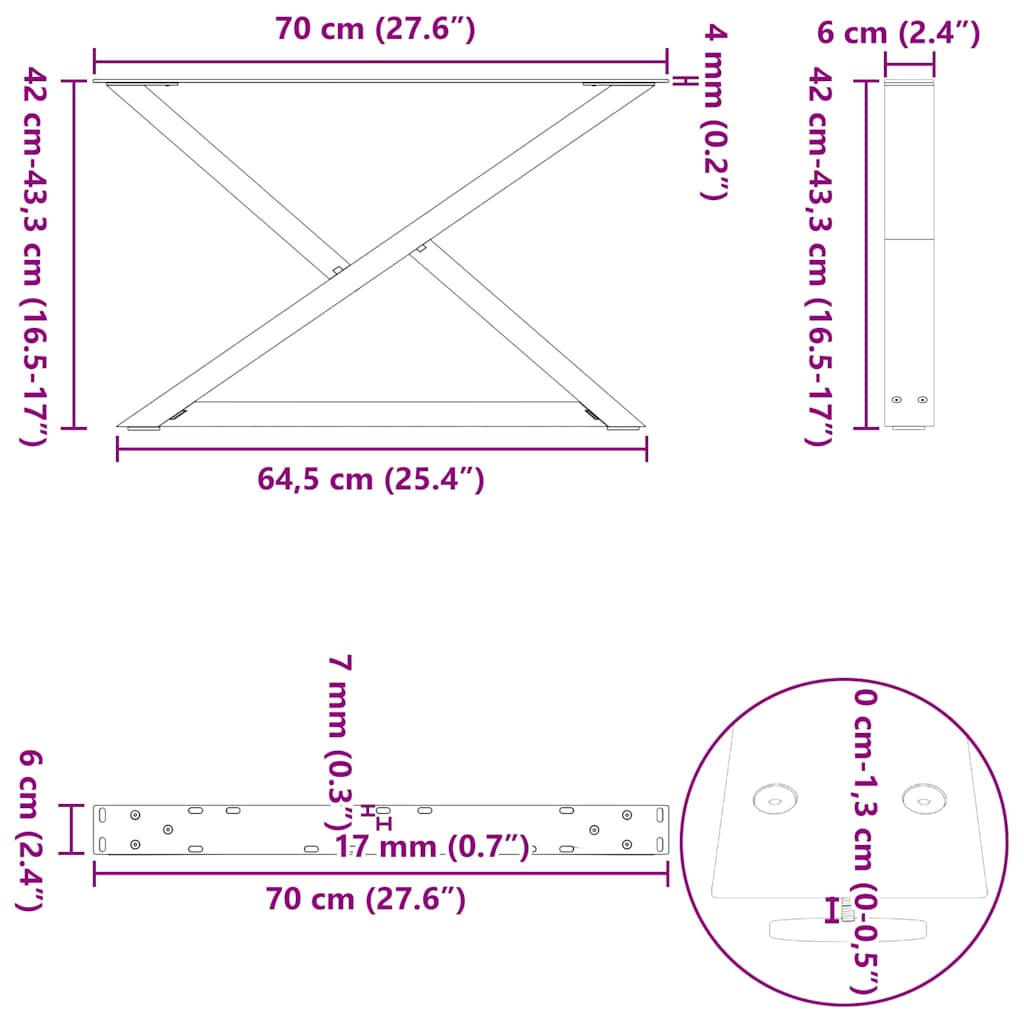 Pieds de table basse 2 pièces Acier naturel 70 x (42-43,3) cm Acier - XIOS
