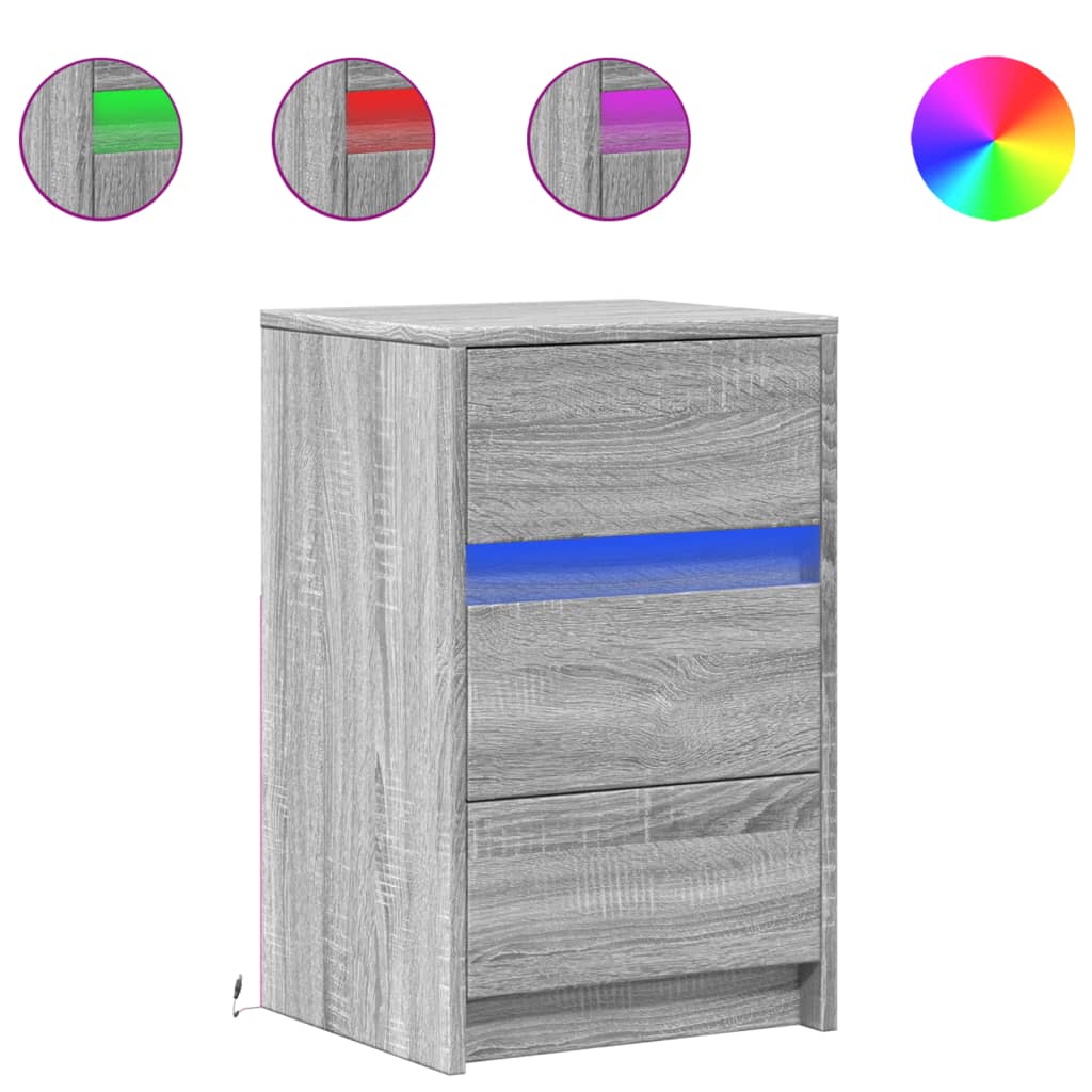 Armoire de chevet et lumières LED sonoma gris bois d'ingénierie