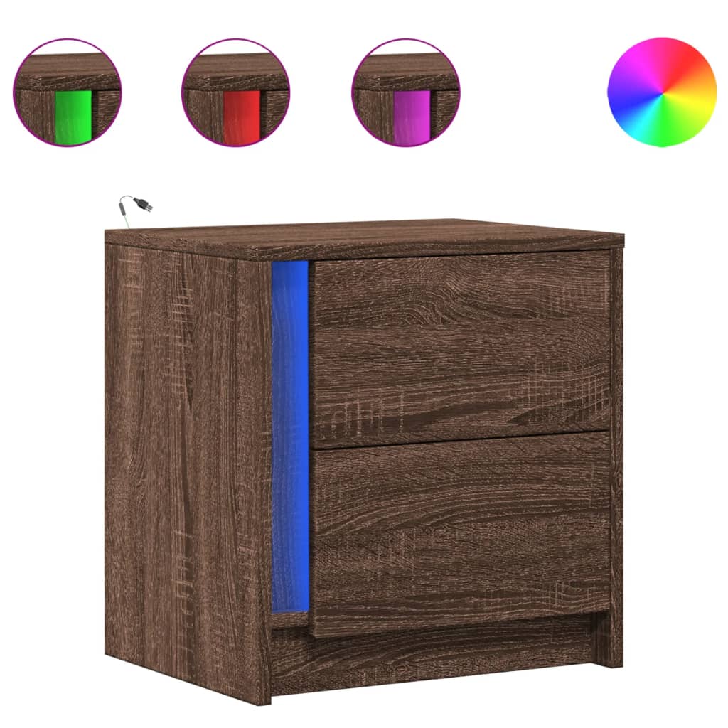 Armoire de chevet et lumières LED chêne marron bois ingénierie - XIOS