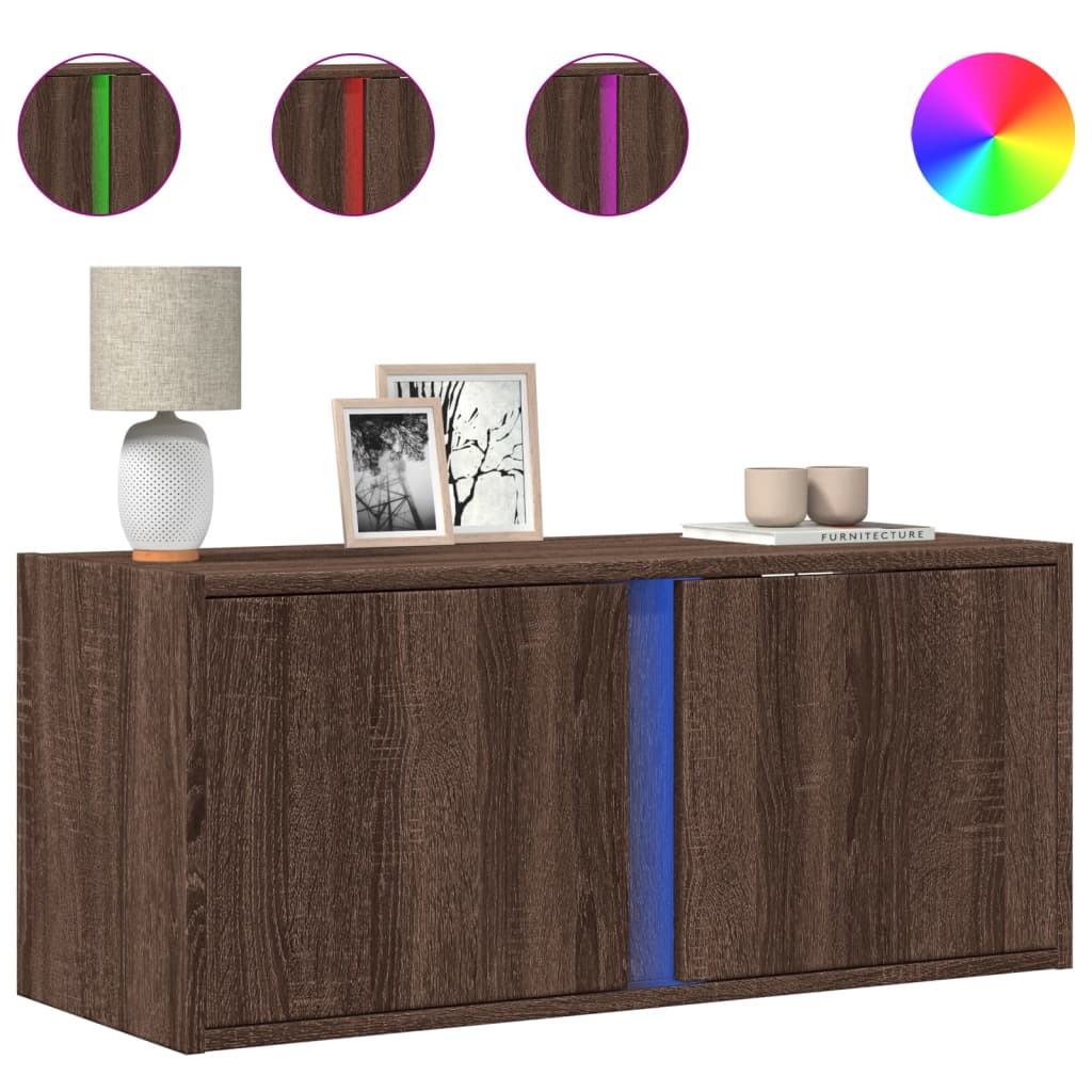 Meuble TV mural avec lumières LED chêne marron 80x31x35 cm - XIOS