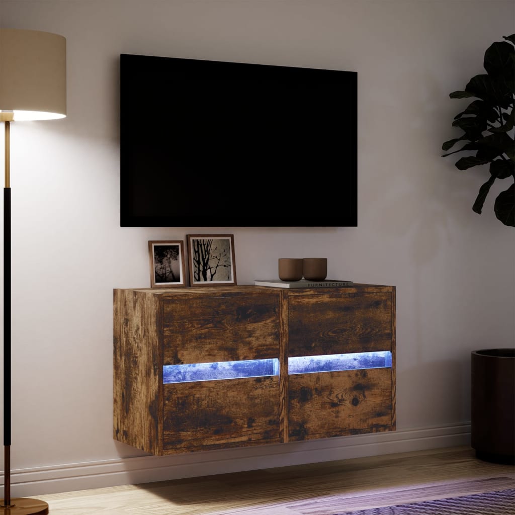 Meubles TV muraux et lumières LED 2 pcs chêne fumé 41x31x45 cm - XIOS