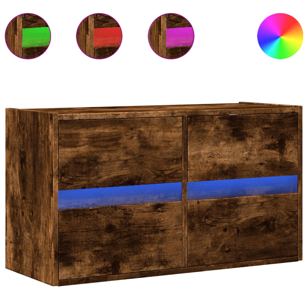 Meuble TV mural avec lumières LED chêne fumé 80x31x45 cm - XIOS