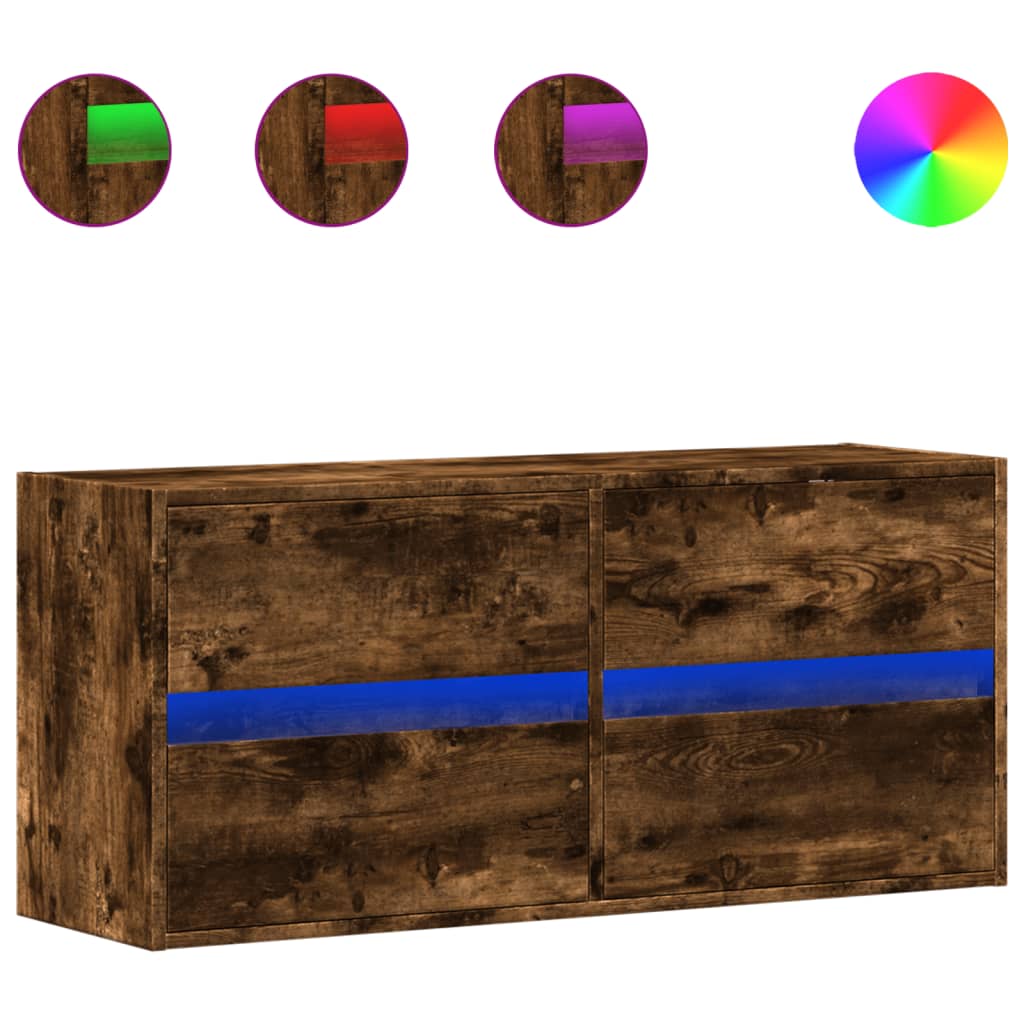 Meuble TV mural avec lumières LED chêne fumé 100x31x45 cm - XIOS