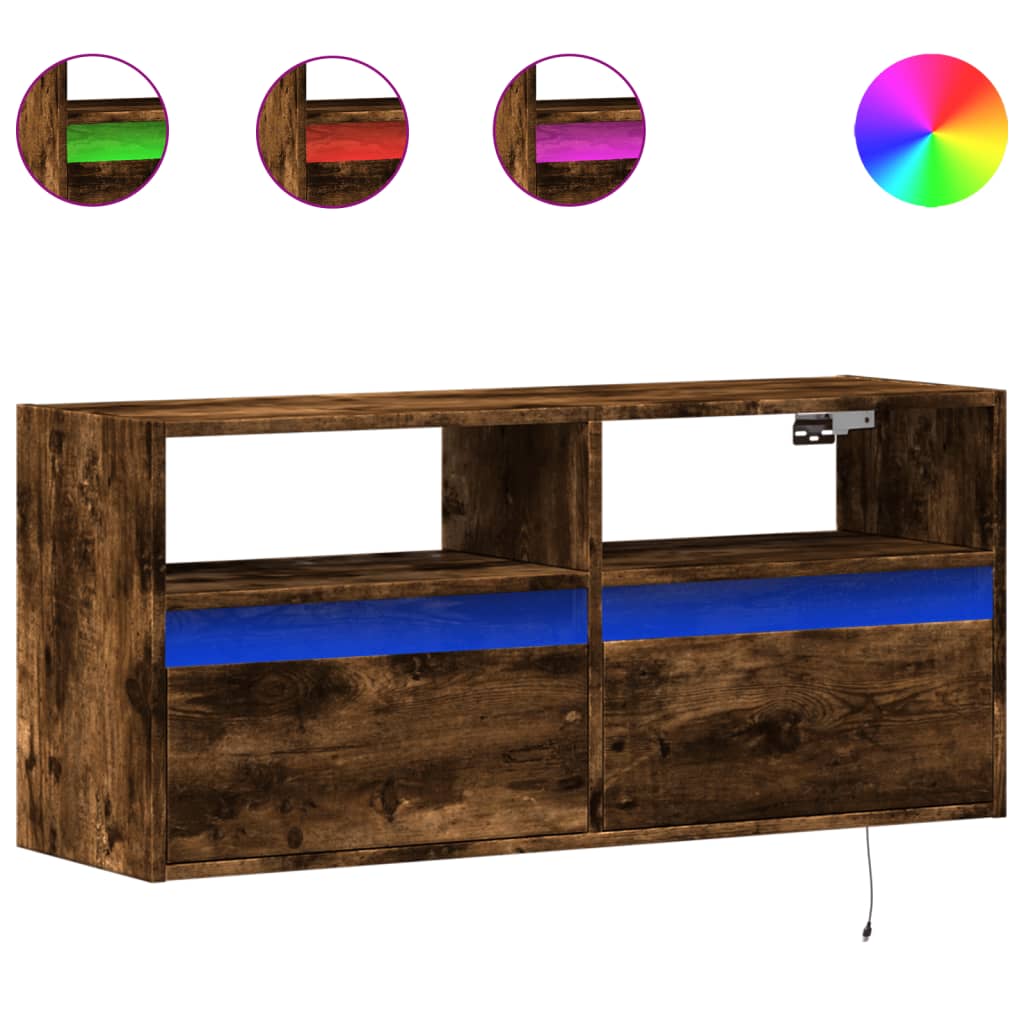 Meuble TV mural avec lumières LED chêne fumé 100x31x45 cm - XIOS