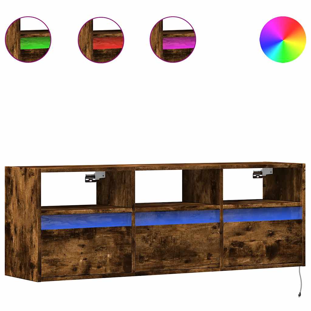 Meuble TV mural avec lumières LED chêne fumé 130x31x45 cm - XIOS