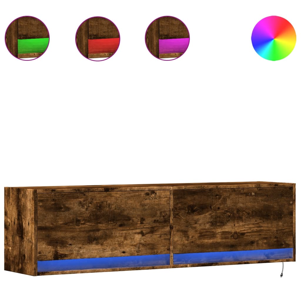 Meuble TV mural avec lumières LED chêne fumé 140x31x38 cm - XIOS