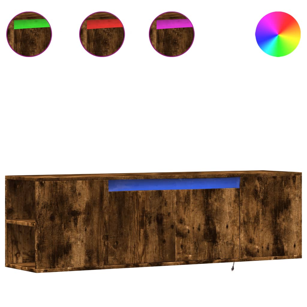 Meuble TV mural avec lumières LED chêne fumé 135x31x39,5 cm - XIOS