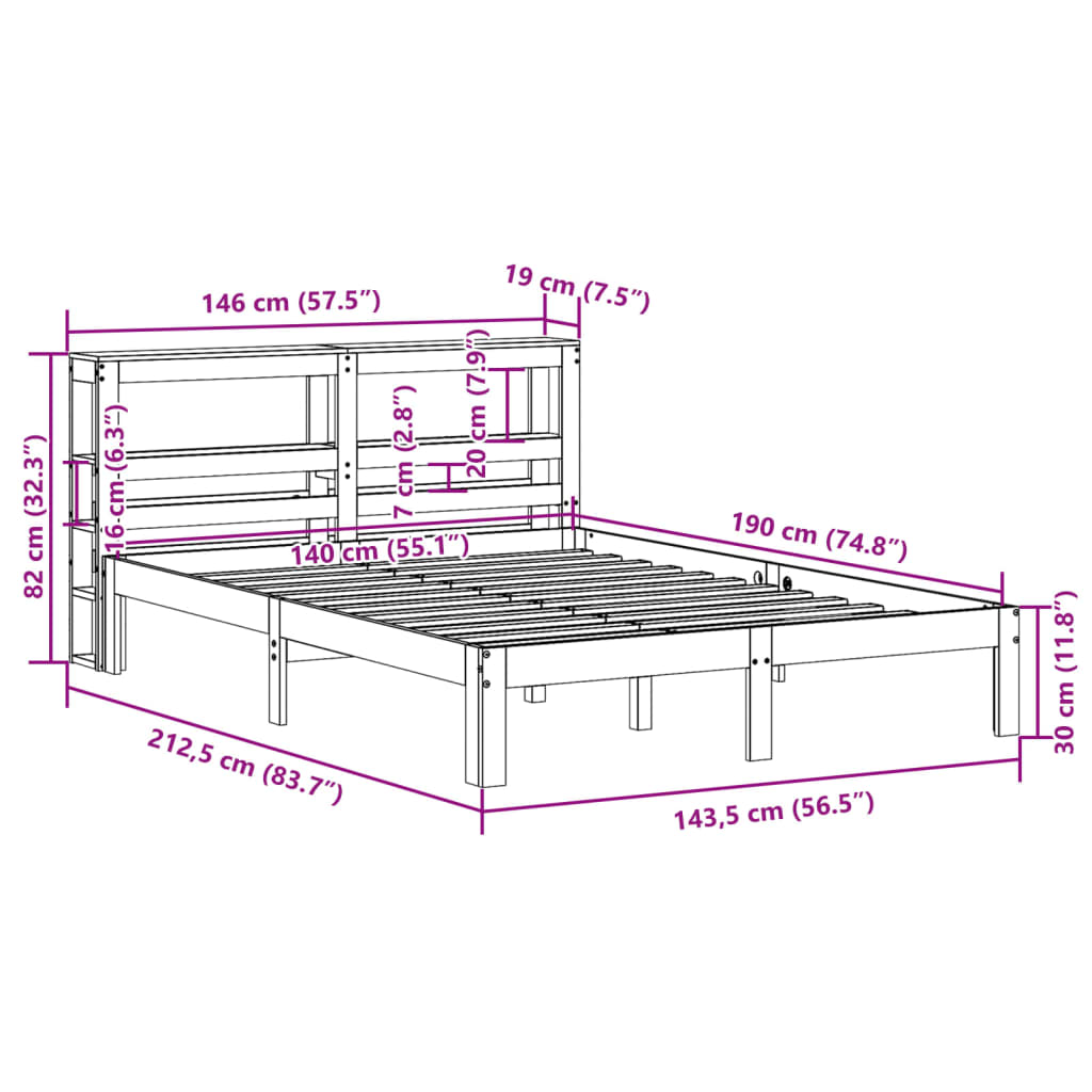 Cadre de lit sans matelas cire marron 140x190cm bois pin massif - XIOS