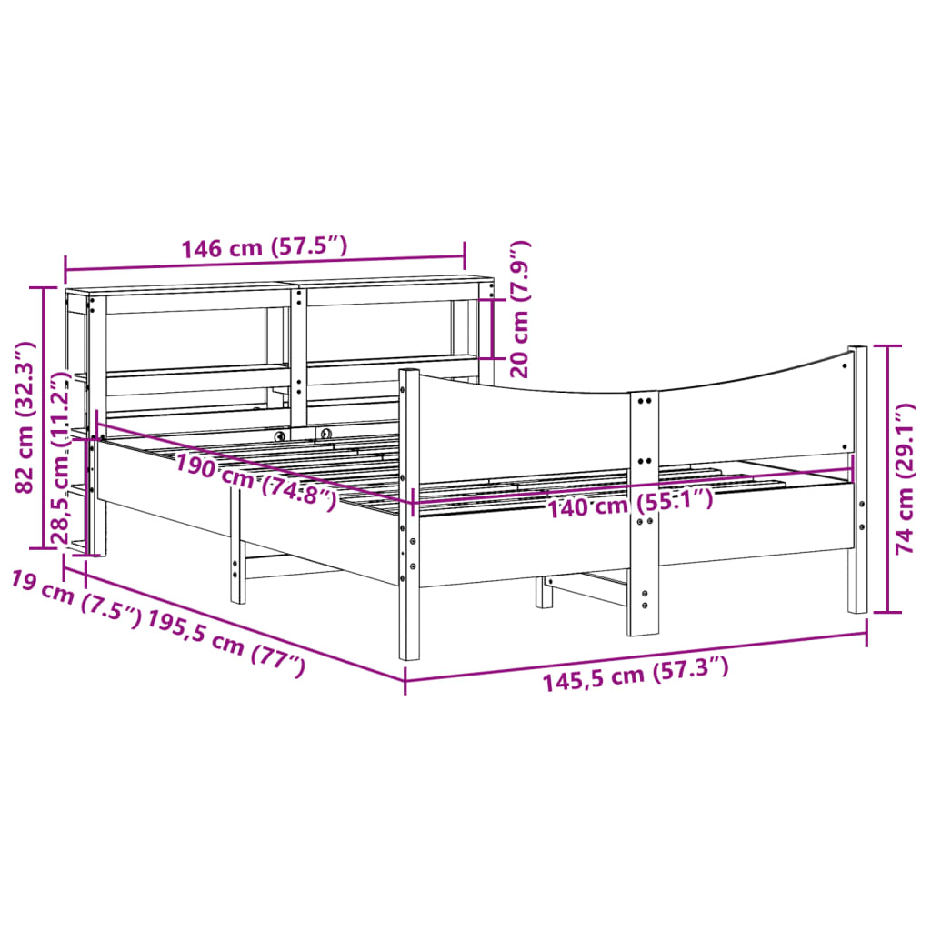 Cadre de lit avec tête de lit cire marron 140x190cm bois de pin - XIOS
