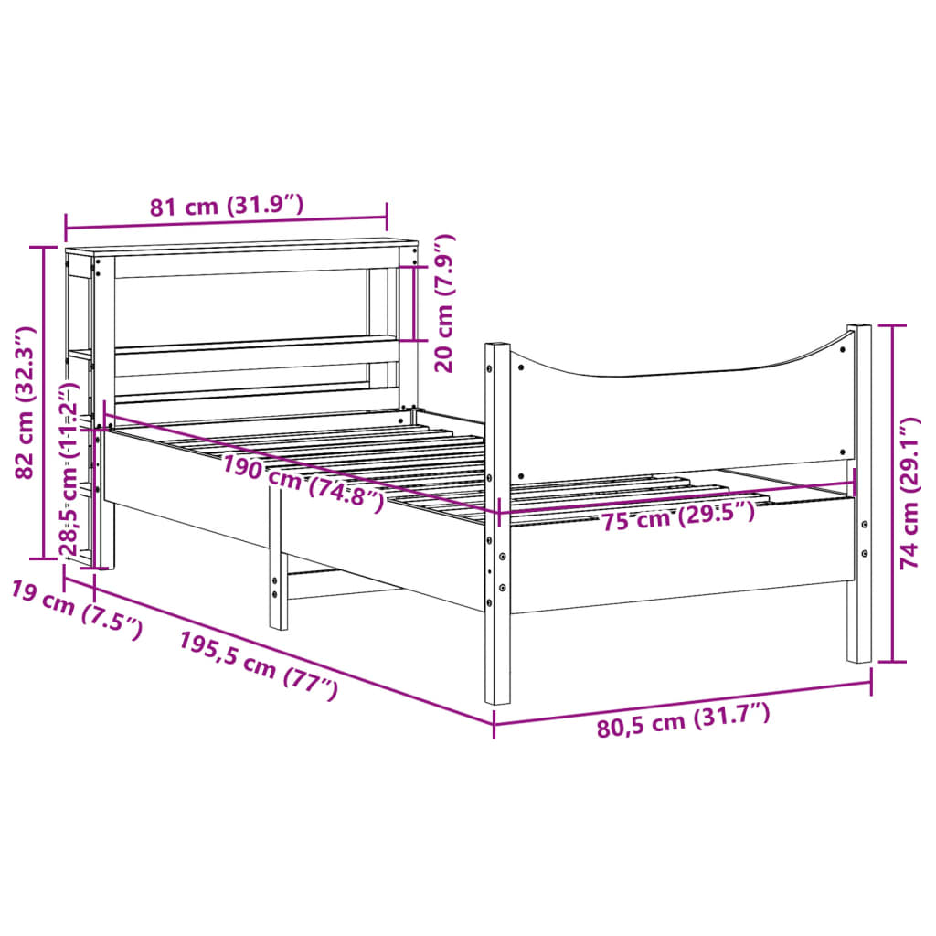 Cadre de lit avec tête de lit cire marron 75x190 cm bois de pin - XIOS