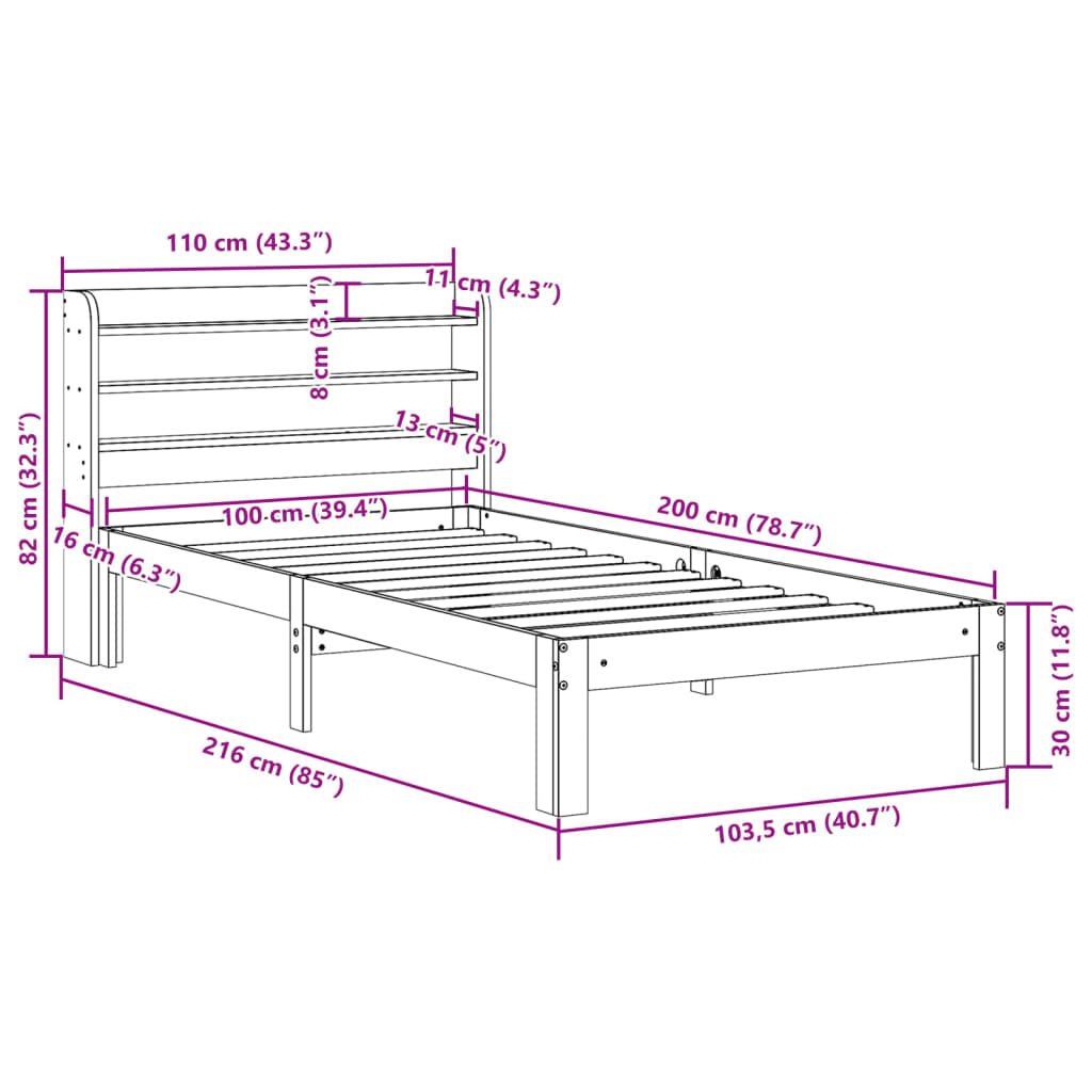 Cadre de lit sans matelas cire marron 100x200cm bois pin massif - XIOS
