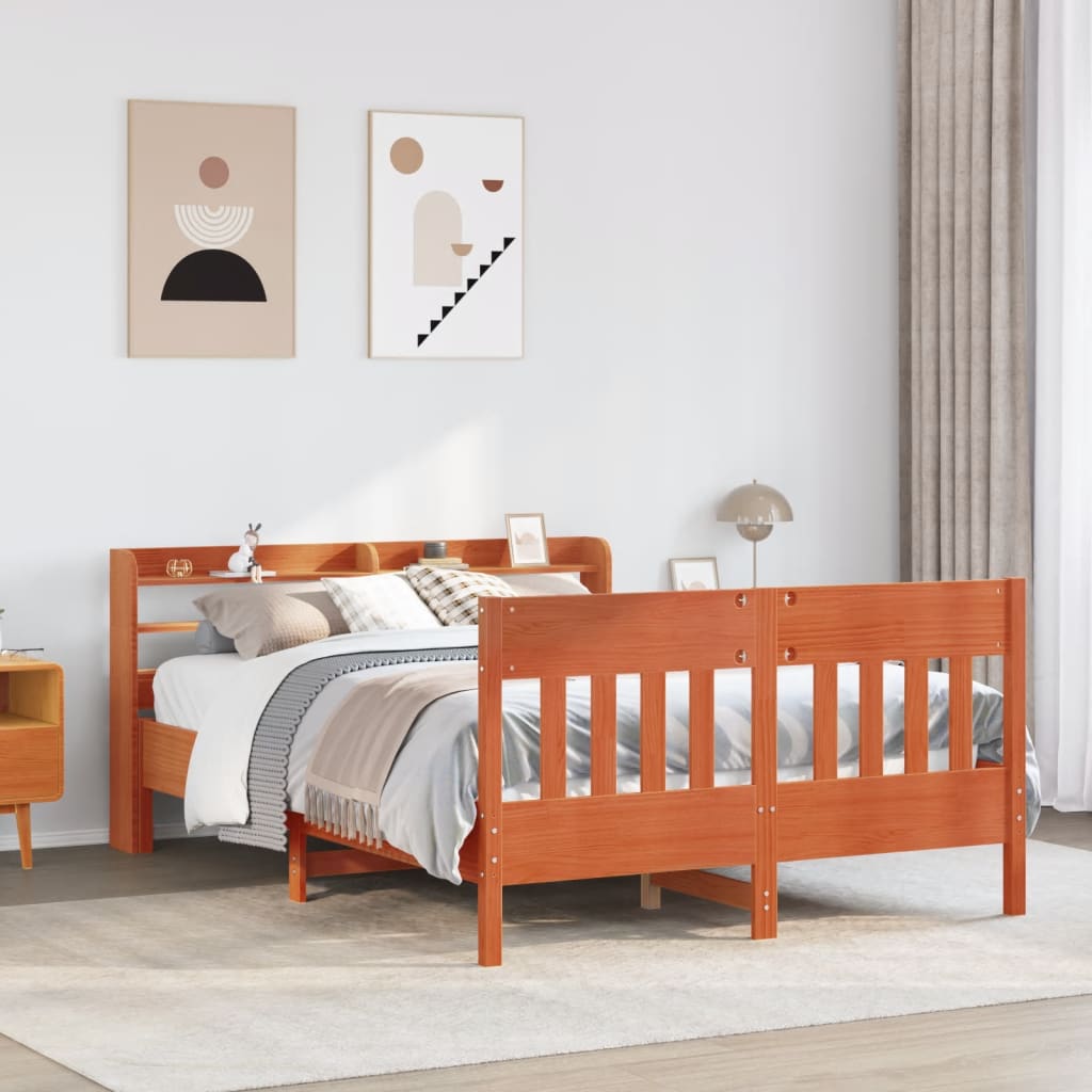 Cadre de lit sans matelas cire marron 135x190cm bois pin massif - XIOS