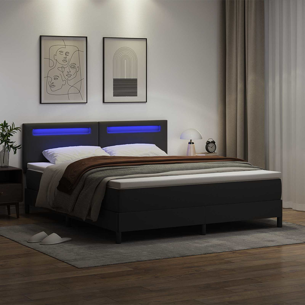 Lit à ressorts avec bandes LED Noir 180 x 200 cm Simili cuir