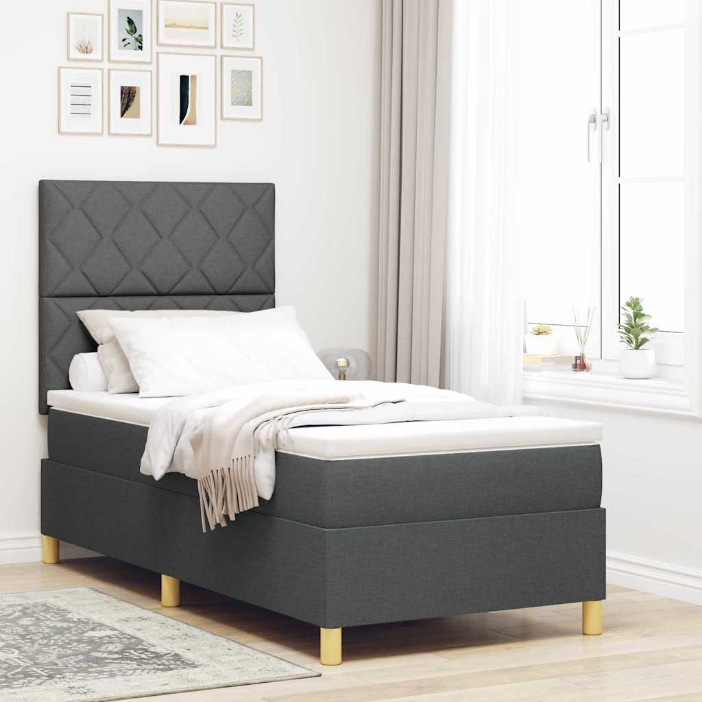 Lit à ressorts avec tête de lit Gris foncé 90 x 190 cm tissu