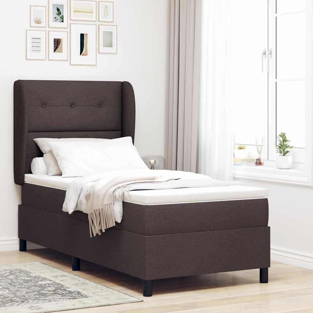 Lit à ressorts avec tête de lit Marron foncé 90 x 190 cm tissu