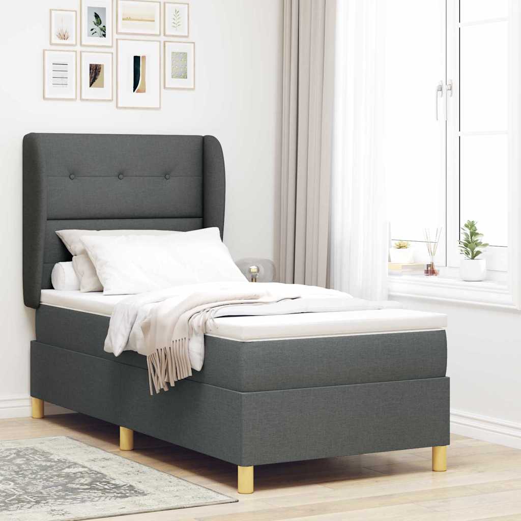 Lit à ressorts avec tête de lit Gris foncé 200 x 90 cm tissu