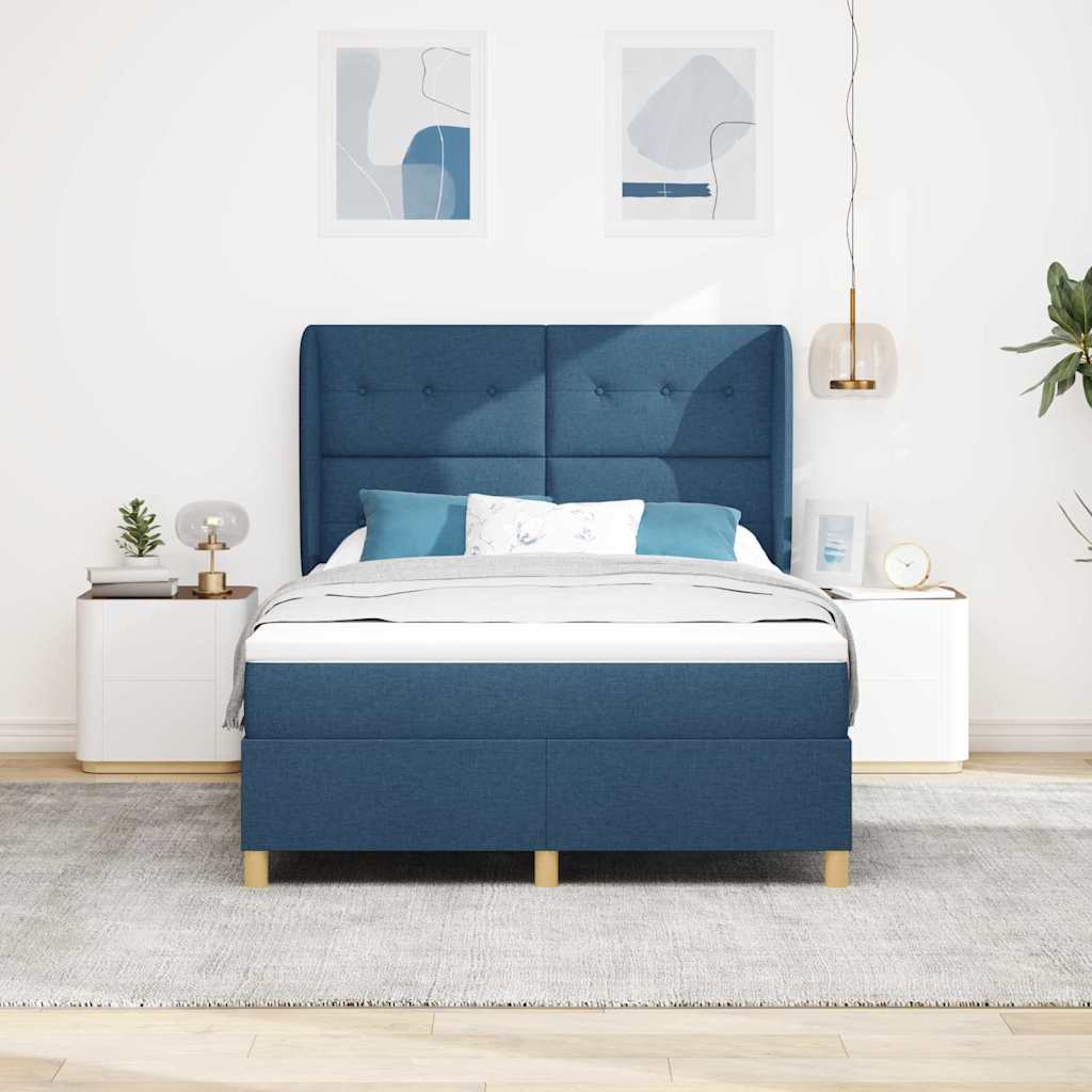 Lit à ressorts avec tête de lit Bleu 200 x 140 cm tissu