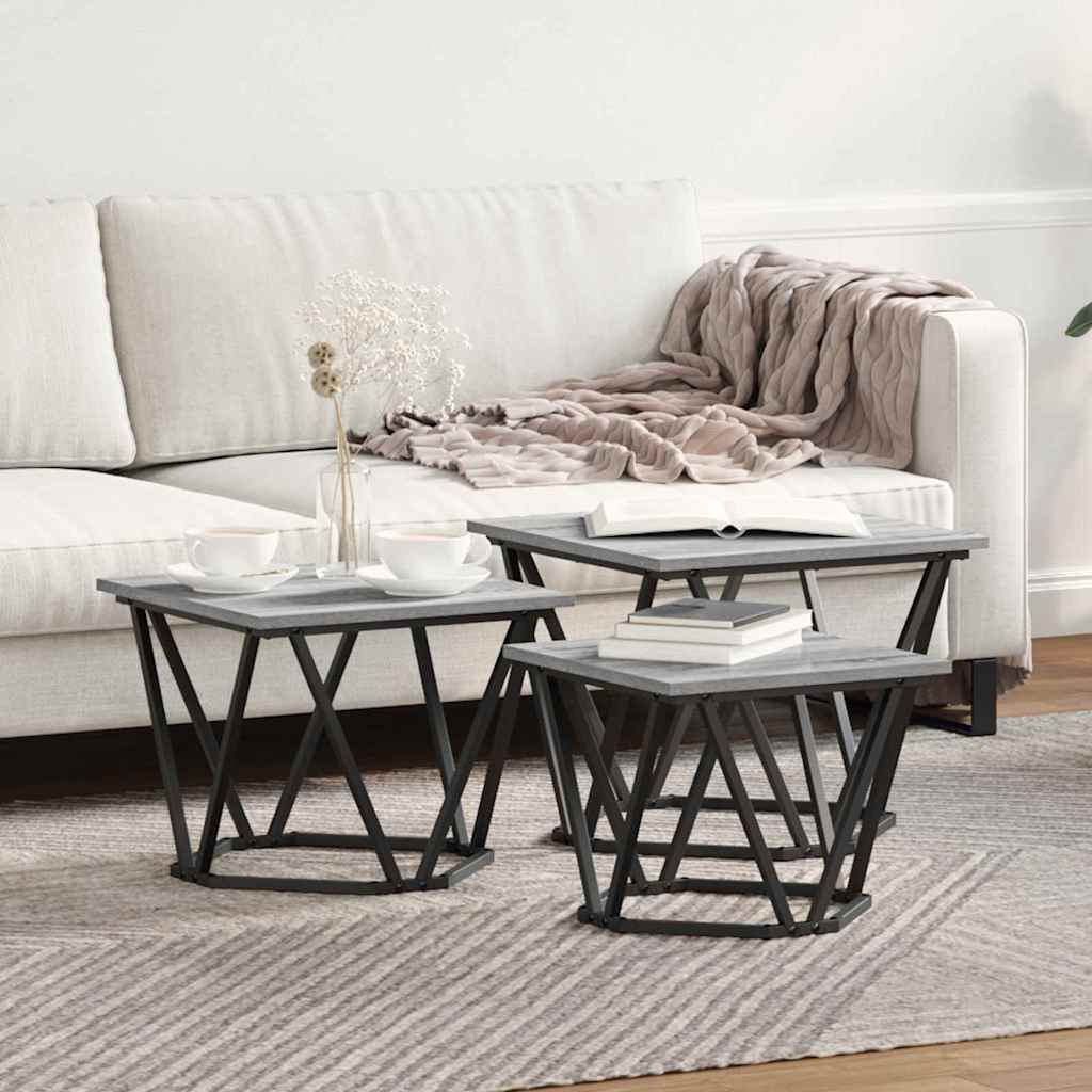 Table basse 3 pcs Gris Sonoma Bois d'ingénierie et acier - XIOS