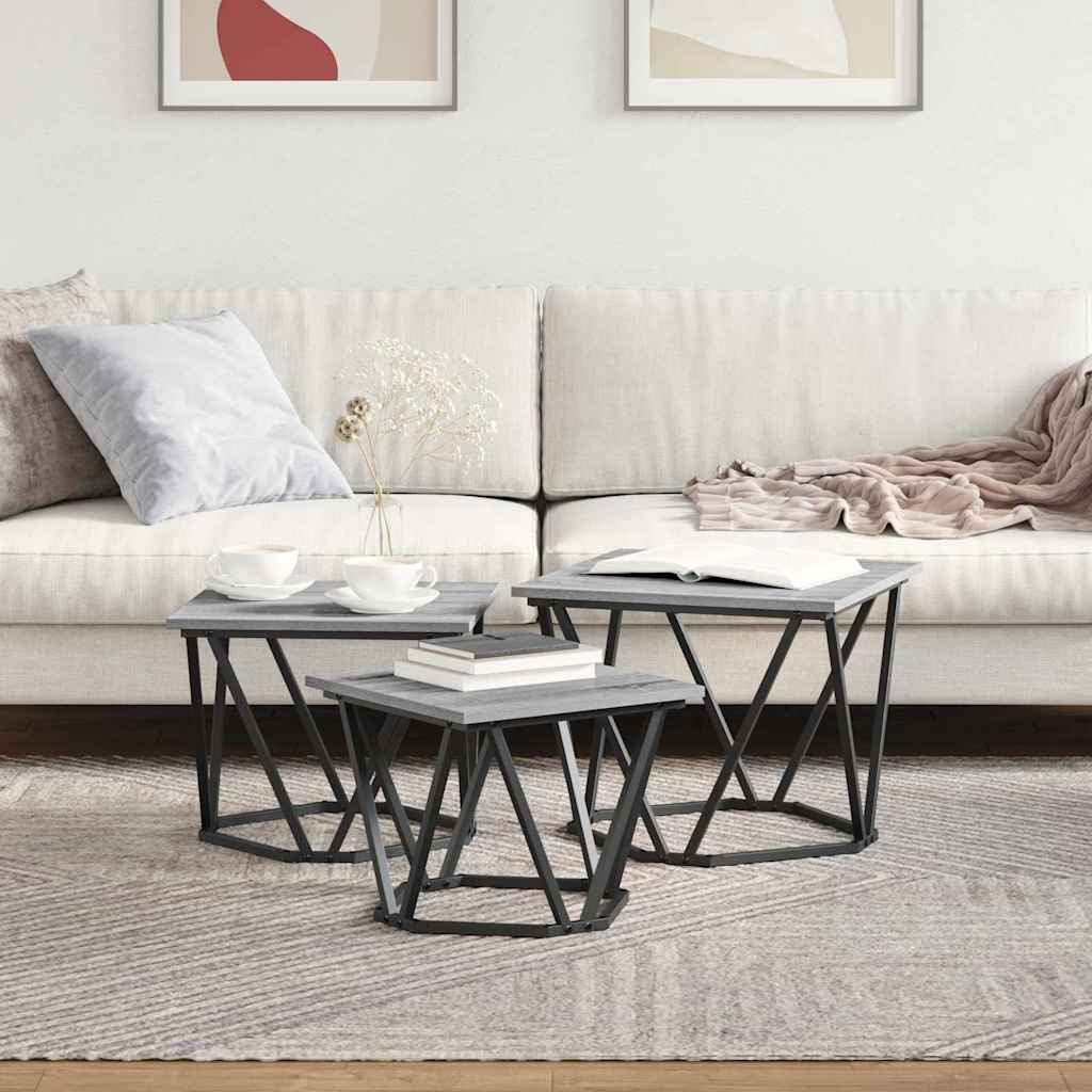 Table basse 3 pcs Gris Sonoma Bois d'ingénierie et acier - XIOS