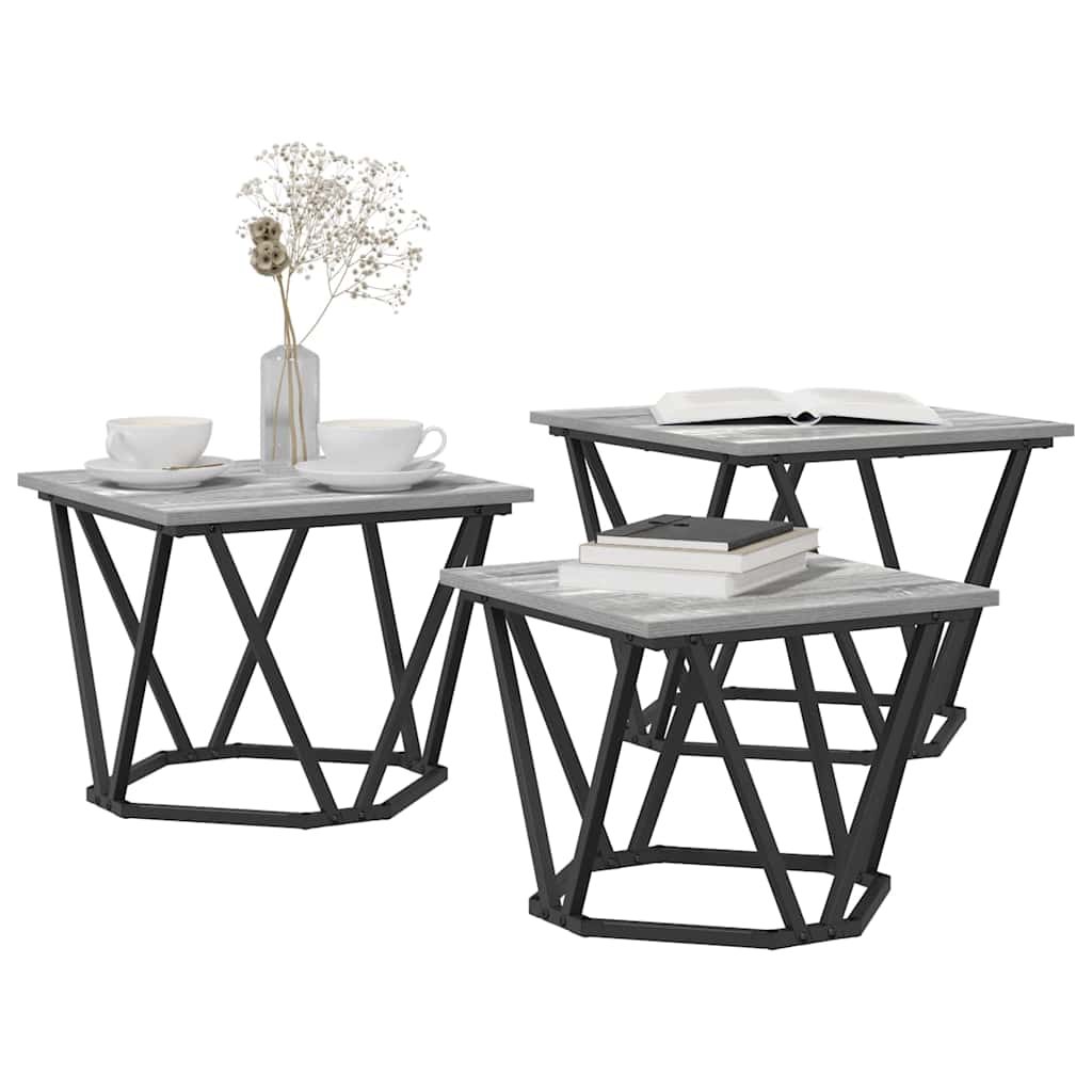 Table basse 3 pcs Gris Sonoma Bois d'ingénierie et acier - XIOS